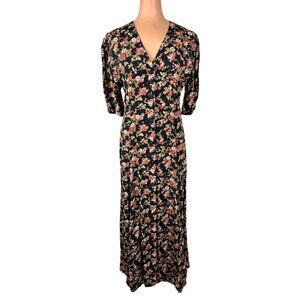 Vintage 90s Express Floral Maxi Dress Button Down Prairie Cottagecore Black